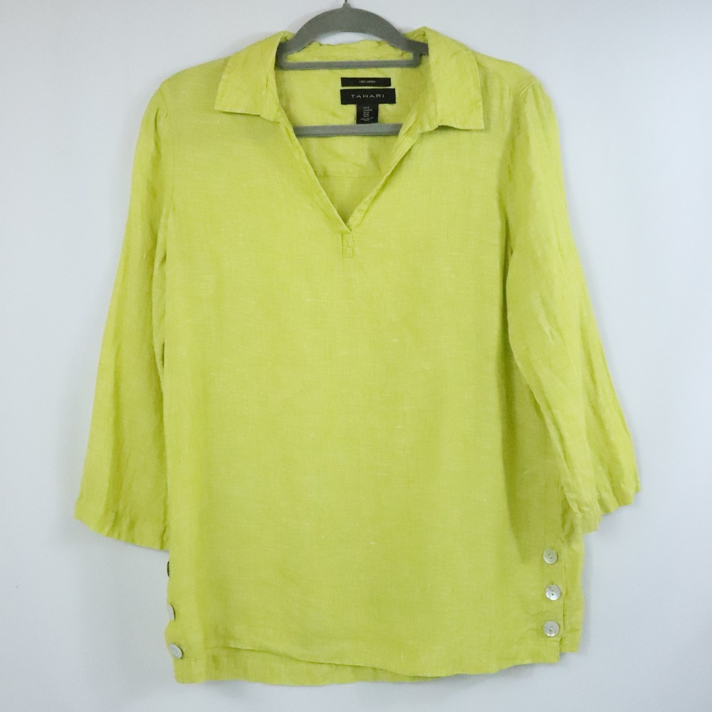 Tahari Lime Chartreuse Green Linen Popover Tunic Button Hem Lagenlook Size M
